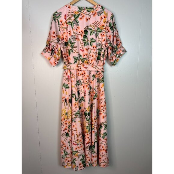 LOFT Midi Shirt Dress 10 Peach Pink Tropical Floral Button-Through Belted - Picture 6 of 10